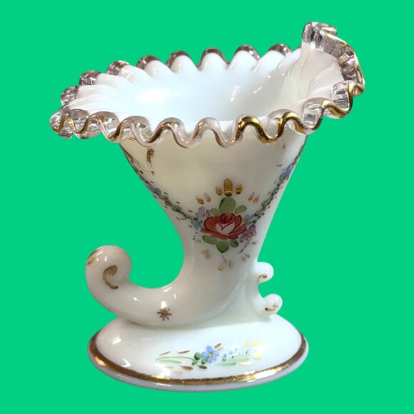 Fenton Cornucopia Milk Glass Gold Crested Bud Vase Hand Painted Floral Design - Picture 5 of 8